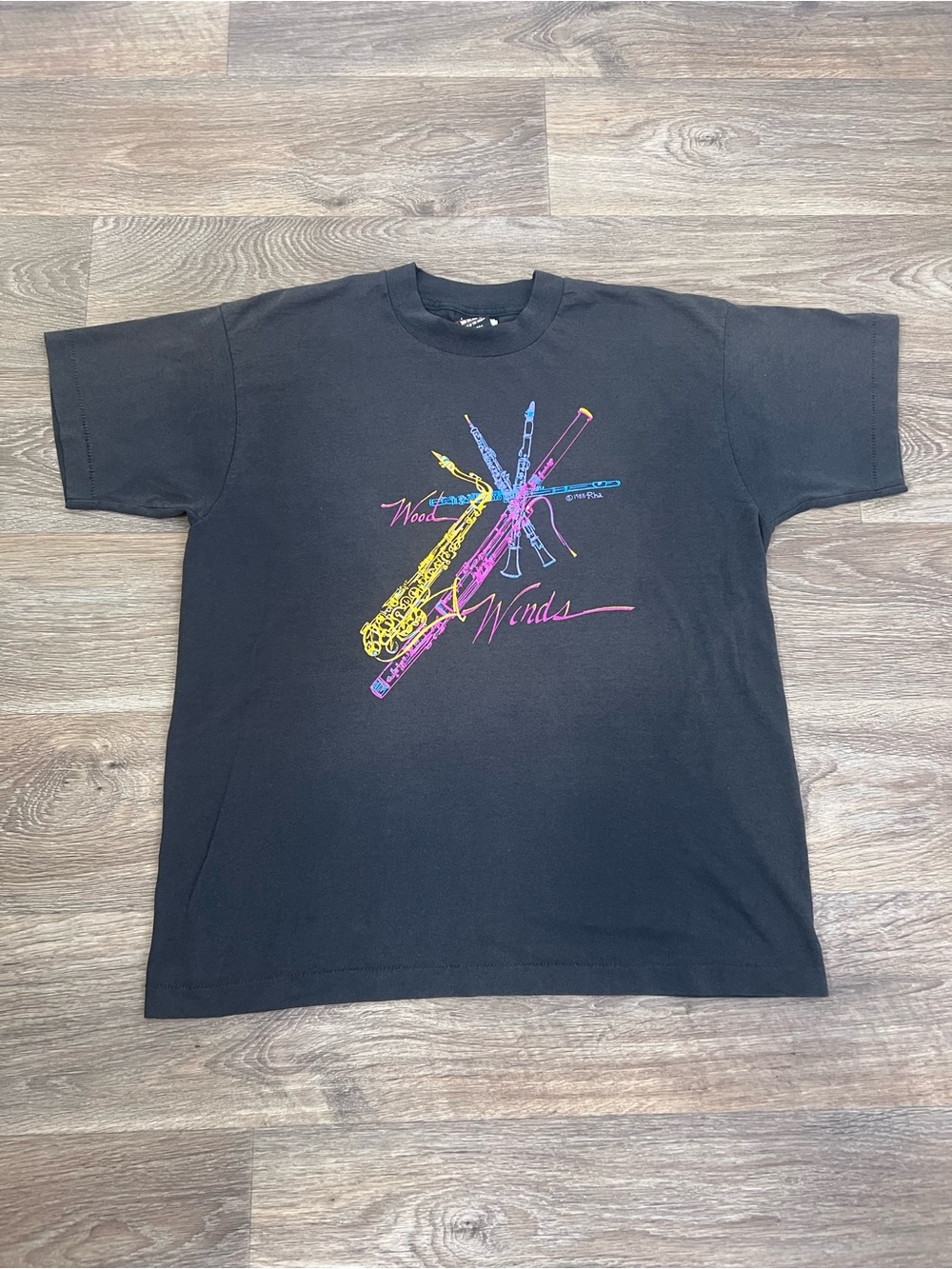 Vintage 1988 Jazz Rha Production T-Shirt Black Woodwinds Colorful Graphic/A556